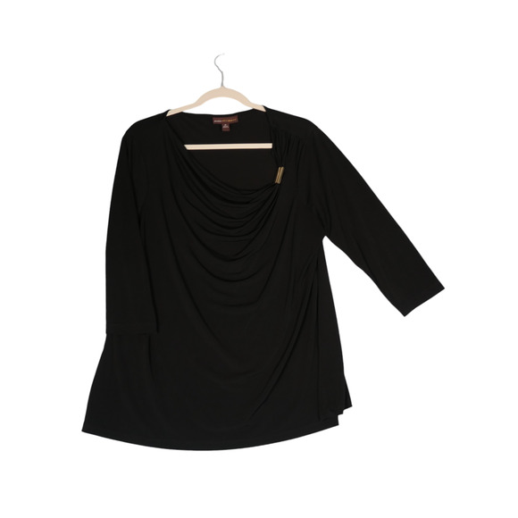 Dana Buchman Tunic Blouse Womens XL Black Draped Neckline Gold Detail Stretch - Picture 2 of 9